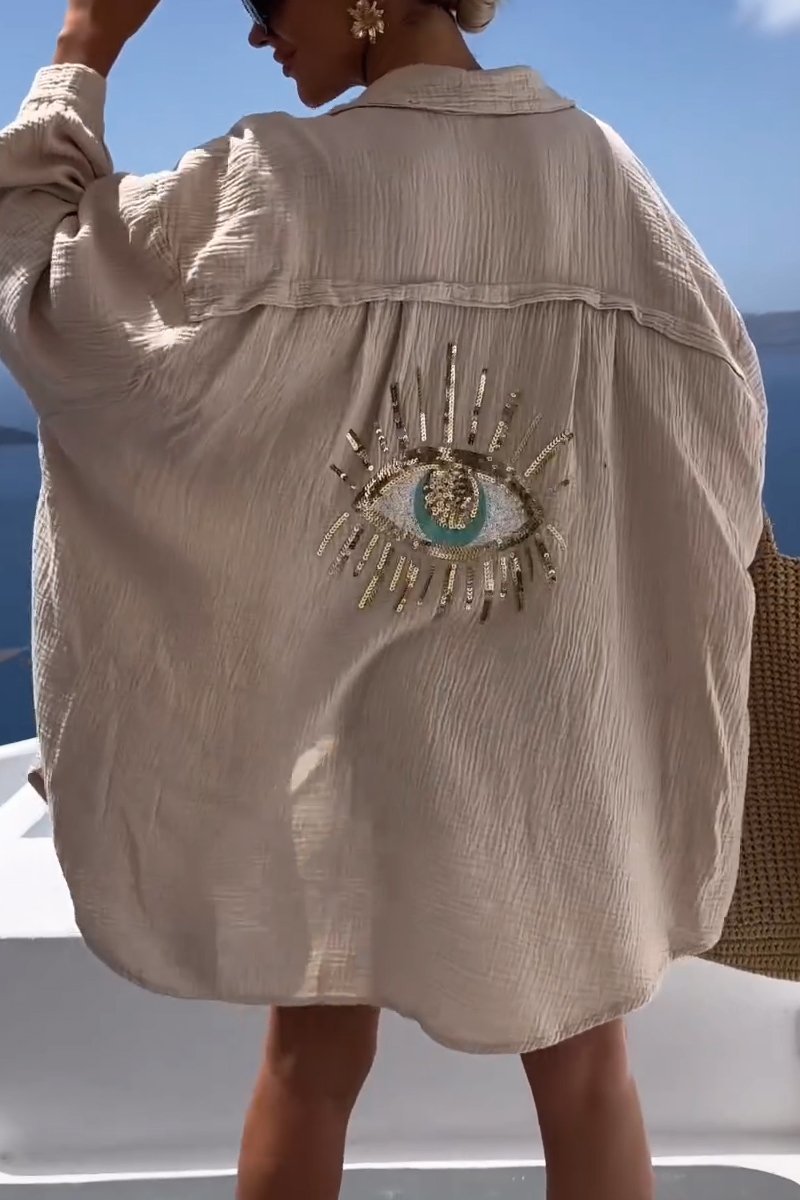 Evil Eye Chemise décontractée à paillettes et perles🥰Promotion de nouveaux produits