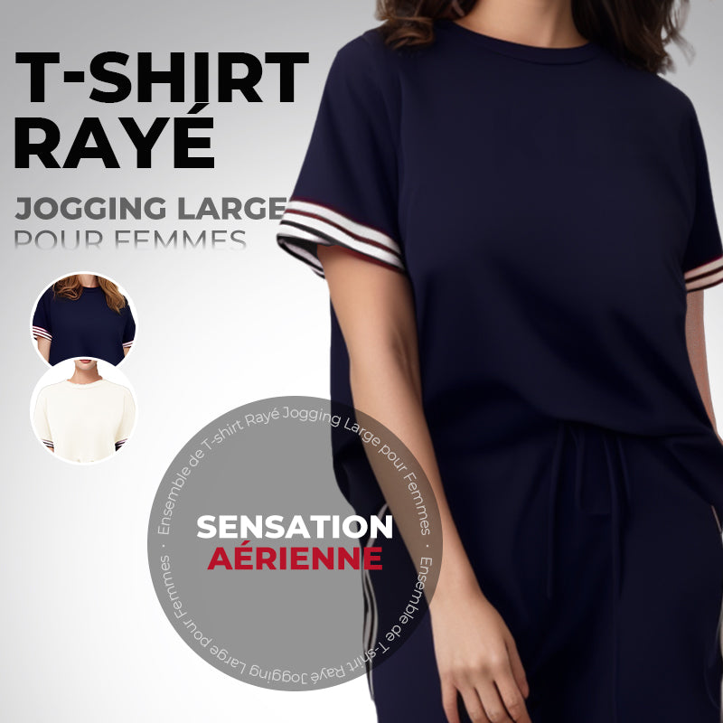 Ensemble de T-shirt Rayé et Pantalon de Jogging à Jambes Larges pour Femmes