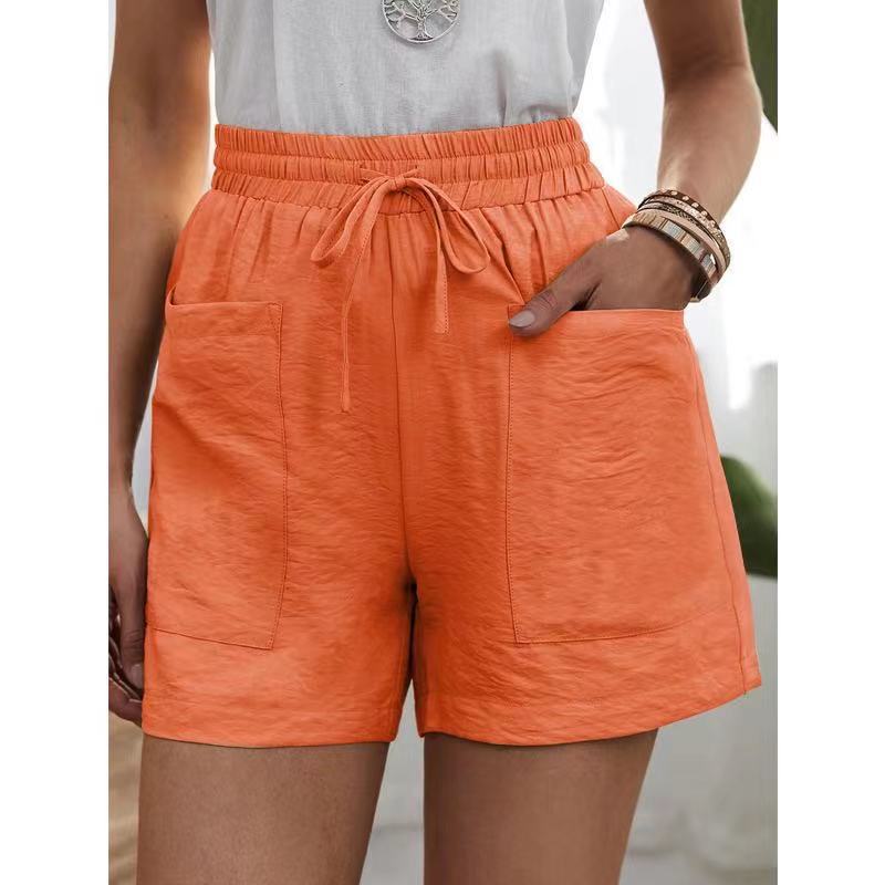 Nouveau pantalon décontracté en coton lin pour femmes, couleur unie, double poches, home shorts