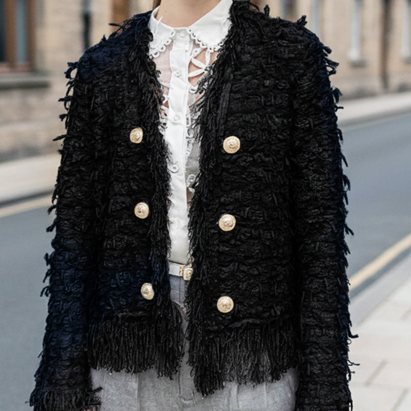 Manteau court Ă boutons et pompons pour femme đŒ â ĂlĂ©gance et boutons, idĂ©al pour le bureau et les occasions dĂ©contractĂ©es đ