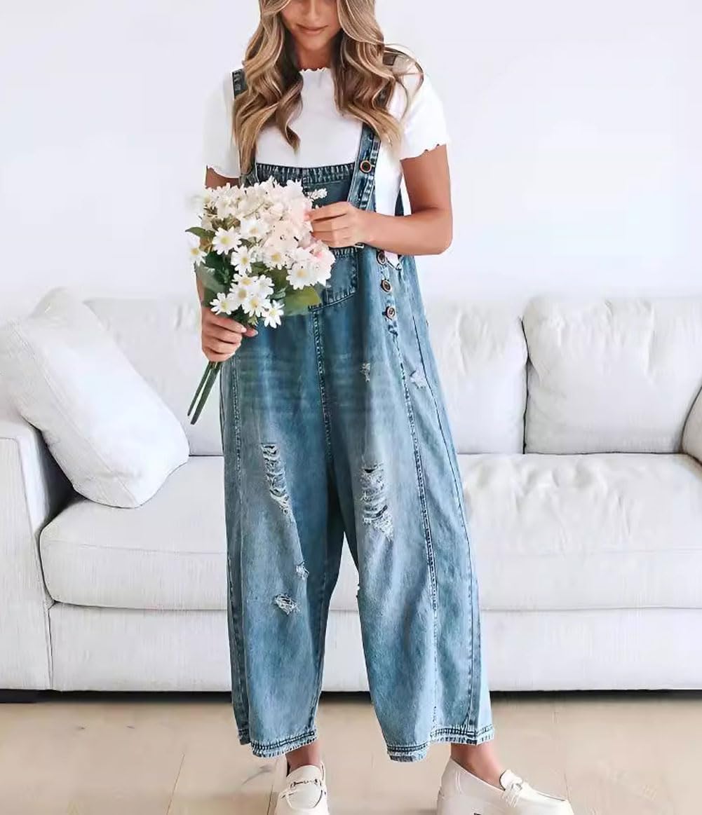 🔥Vente limitée à 50 % de réduction💕Salopette en denim déchirée pour femmes, mignonne et décontractée, avec boutons