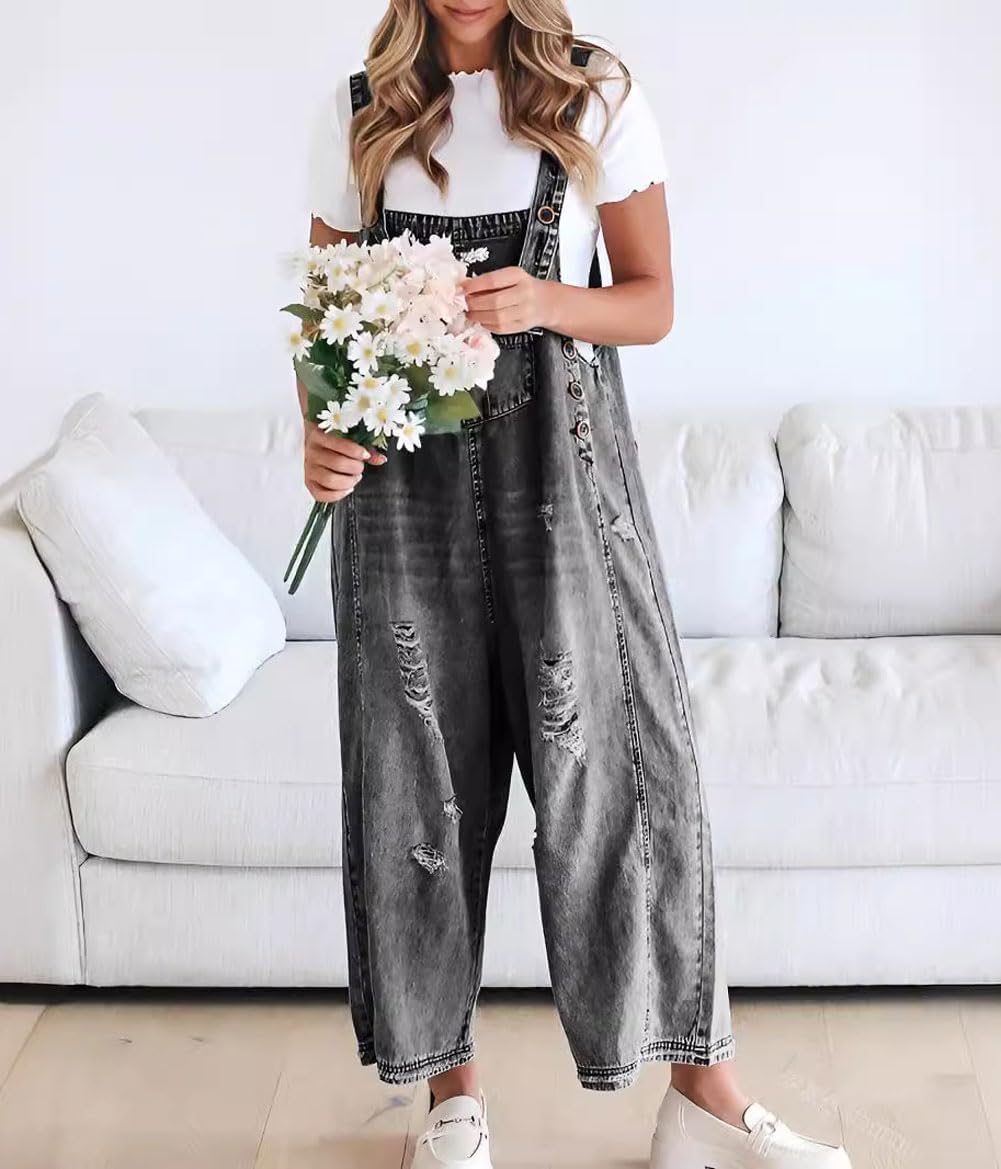 🔥Vente limitée à 50 % de réduction💕Salopette en denim déchirée pour femmes, mignonne et décontractée, avec boutons