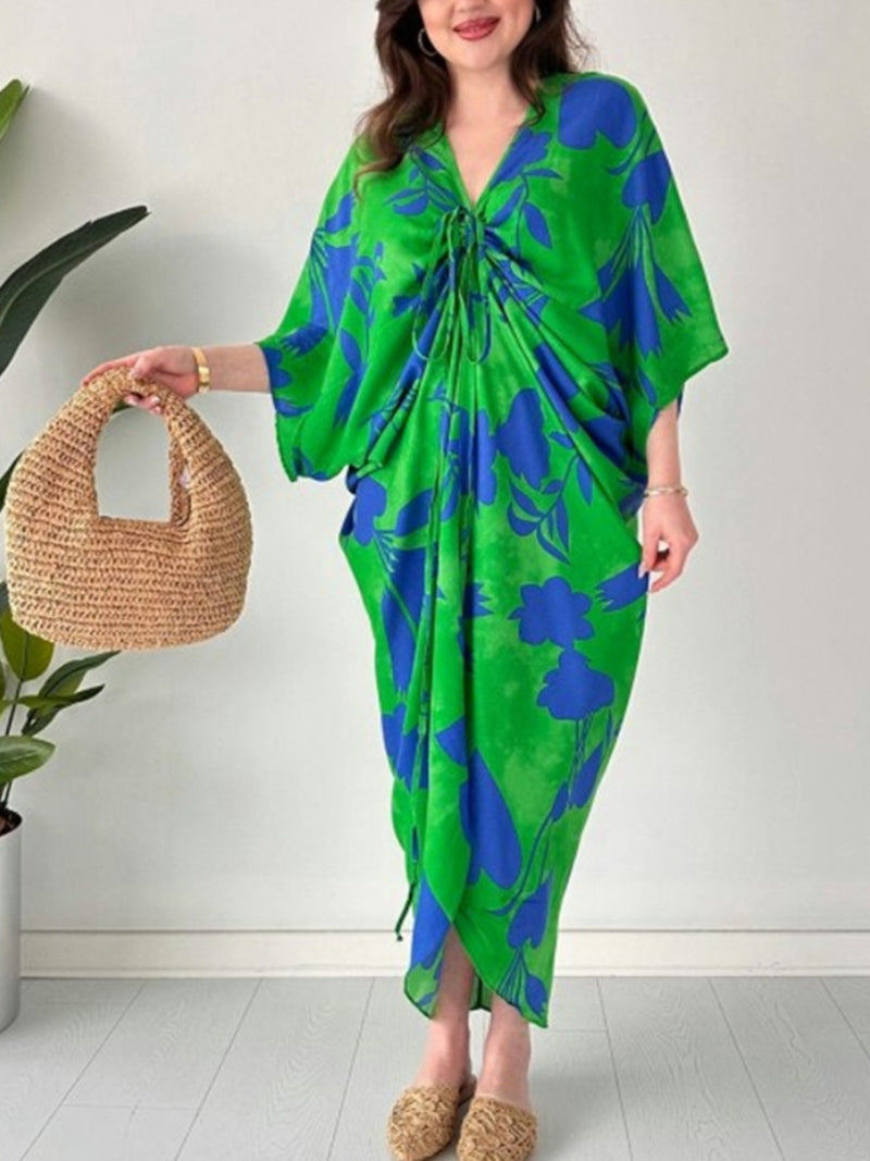 đ Mode imprimĂ© manches chauve-souris col V cordon de serrage robe