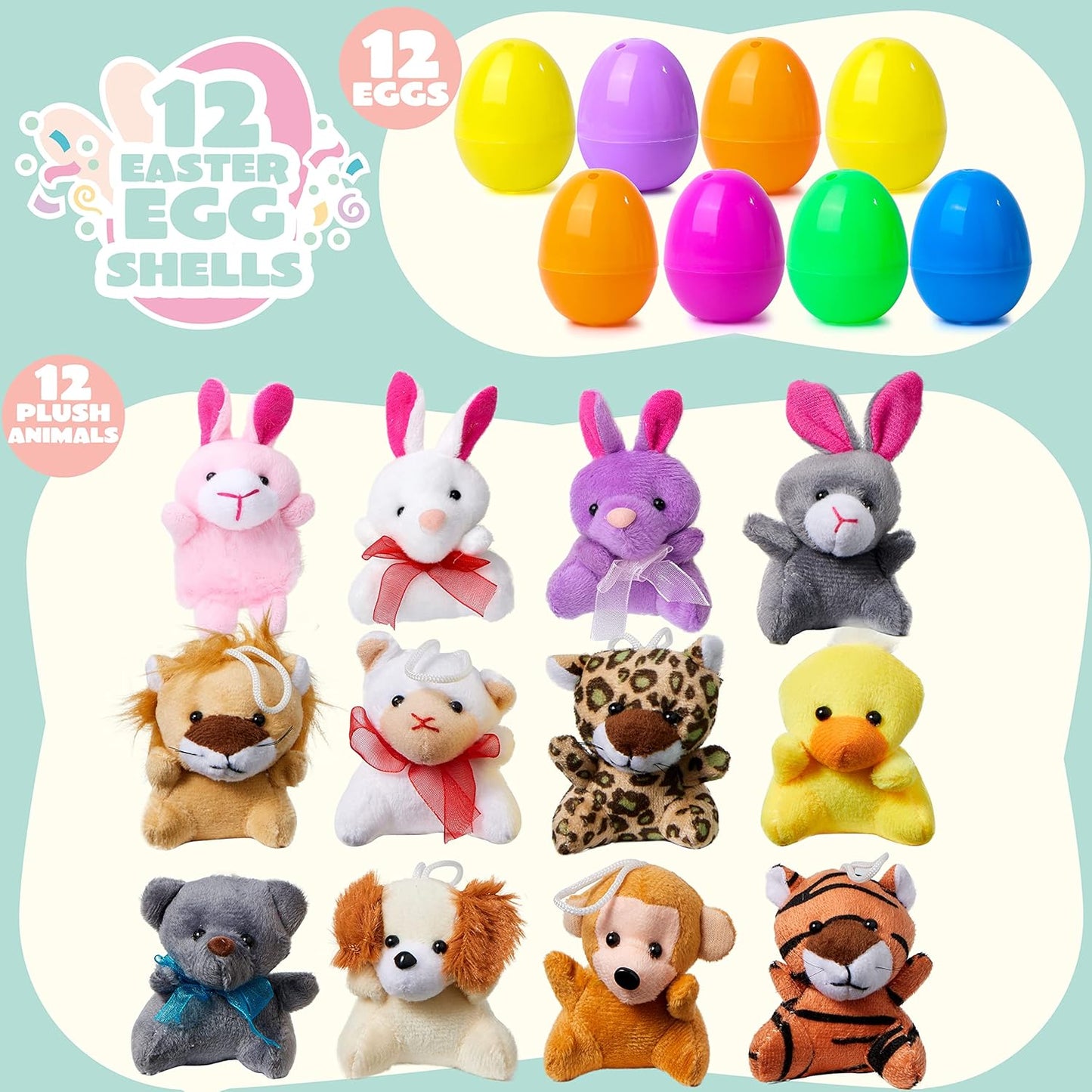 🔥PROMOTION 50%-12/24/36 Pcs Oeufs de Pâques pré-remplis avec des animaux en peluche