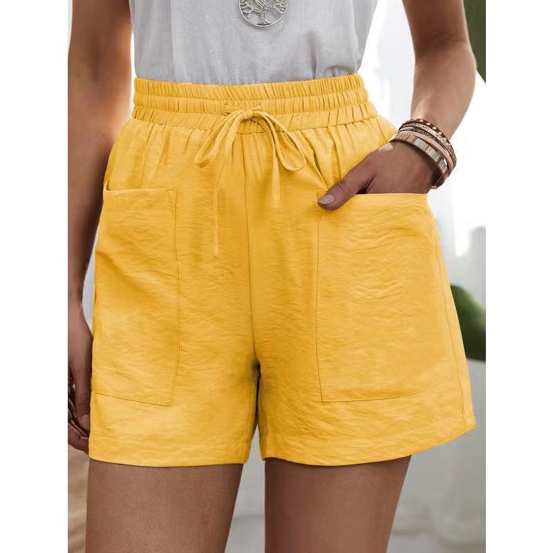 Nouveau pantalon décontracté en coton lin pour femmes, couleur unie, double poches, home shorts