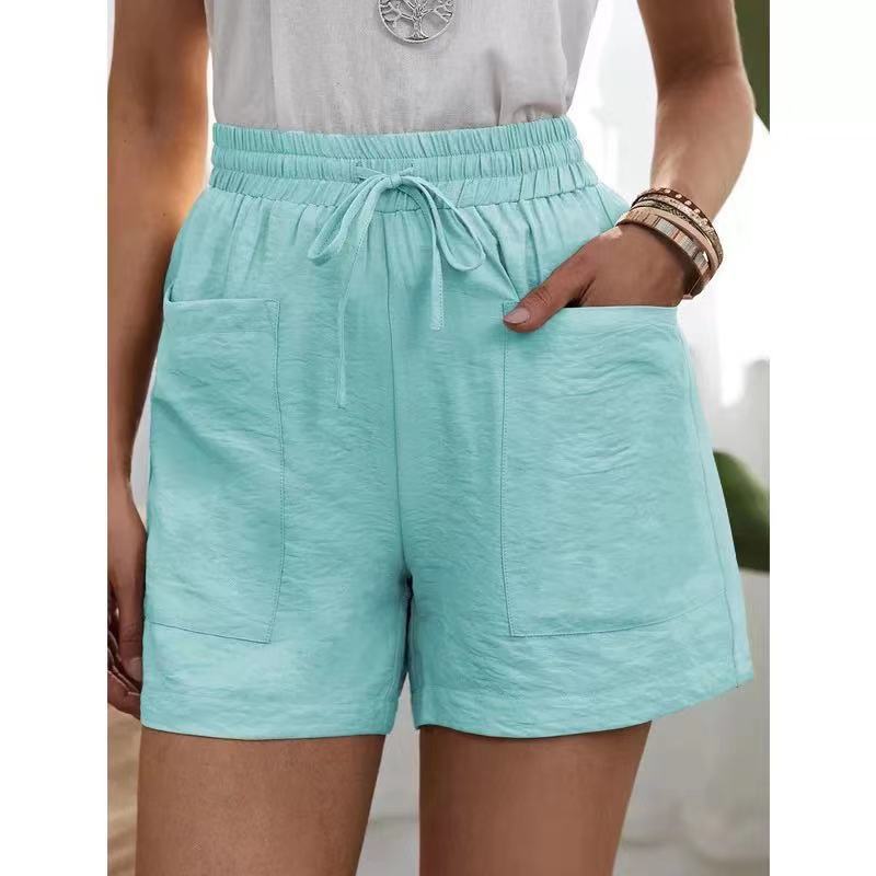 Nouveau pantalon décontracté en coton lin pour femmes, couleur unie, double poches, home shorts