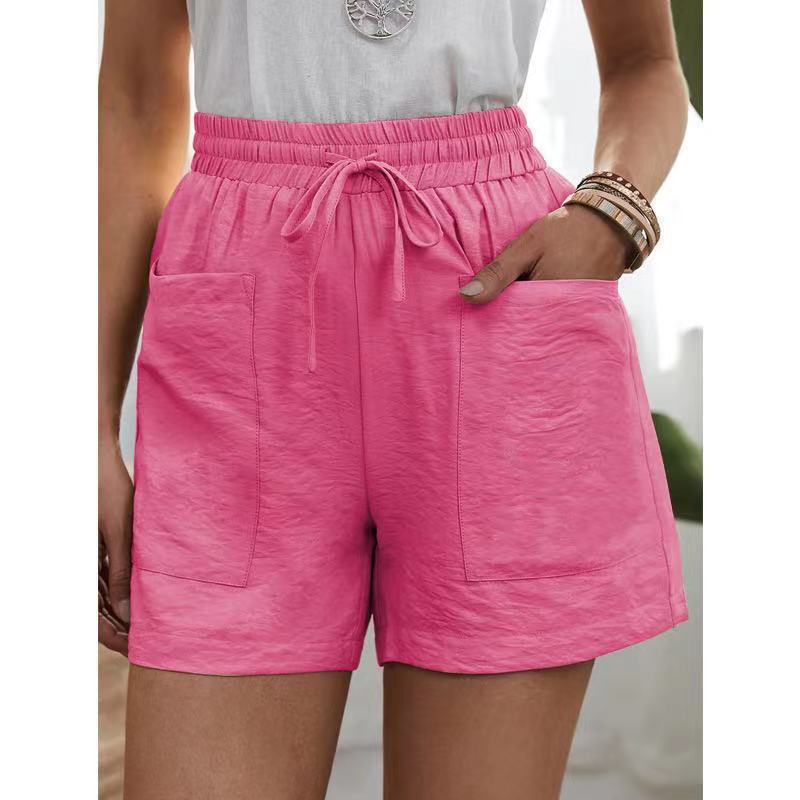 Nouveau pantalon décontracté en coton lin pour femmes, couleur unie, double poches, home shorts