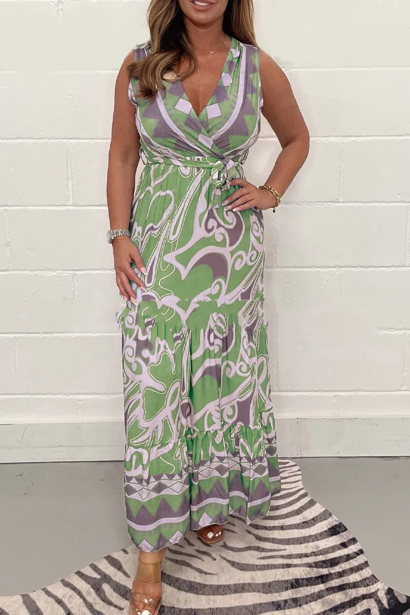 👗 Robe longue imprimée col V avec ceinture🔥