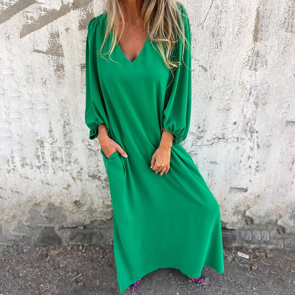 🔥Vente chaude 49% OFF🔥Robe à manches lanterne à col en V de couleur unie