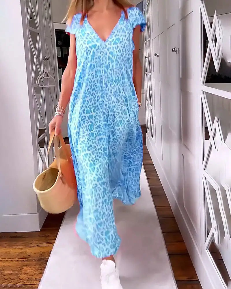🌸 Promotion de printemps 50 % RÉDUCTION ✨ Col en V Robe maxi imprimée à manches courtes
