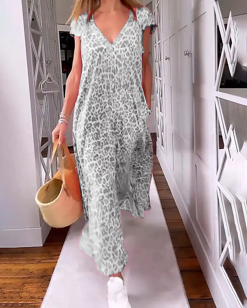 🌸 Promotion de printemps 50 % RÉDUCTION ✨ Col en V Robe maxi imprimée à manches courtes