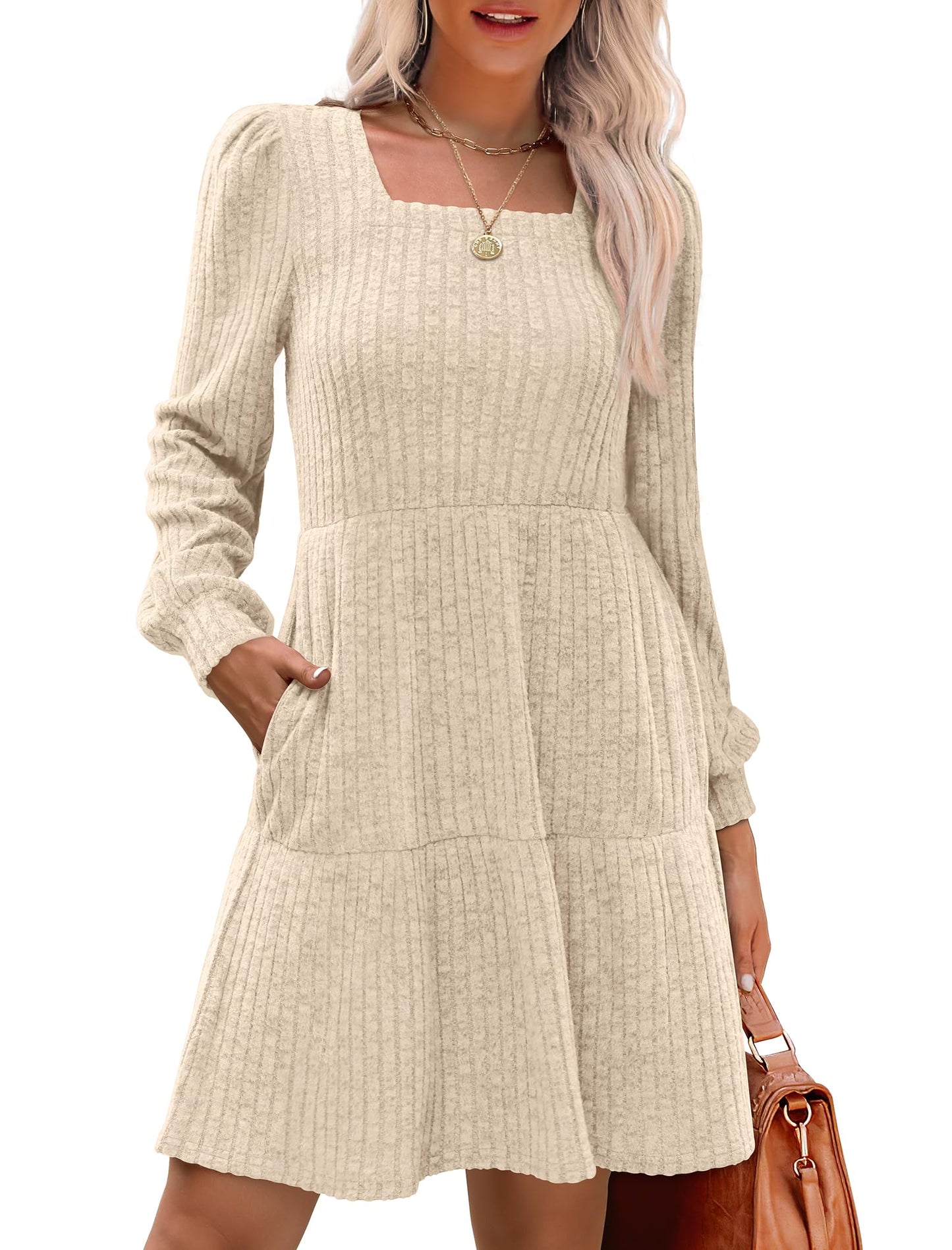 đ2025 Automne Nouveau style 49 % de rĂ©ductionâ° Robe cĂŽtelĂ©e Ă encolure carrĂ©e et manches lanternes pour femme