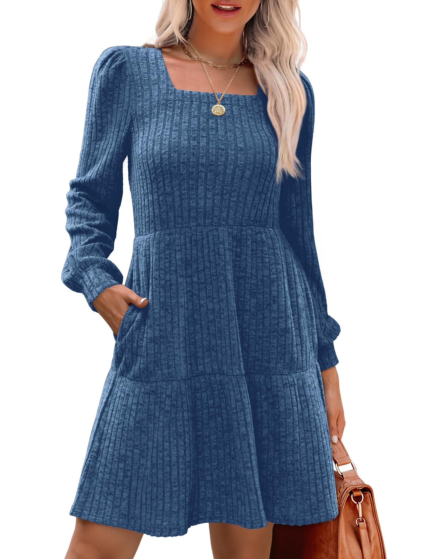 đ2025 Automne Nouveau style 49 % de rĂ©ductionâ° Robe cĂŽtelĂ©e Ă encolure carrĂ©e et manches lanternes pour femme