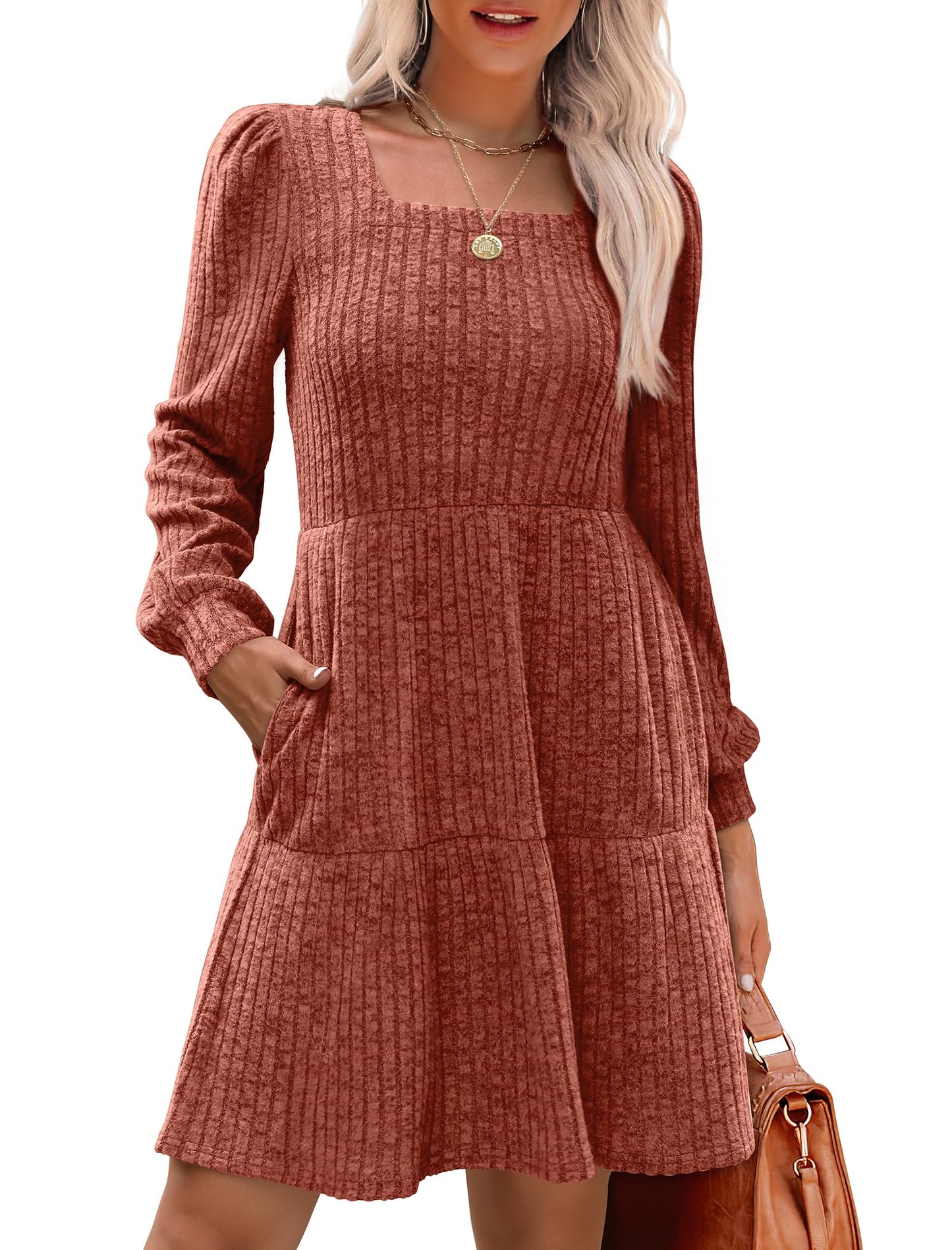 đ2025 Automne Nouveau style 49 % de rĂ©ductionâ° Robe cĂŽtelĂ©e Ă encolure carrĂ©e et manches lanternes pour femme