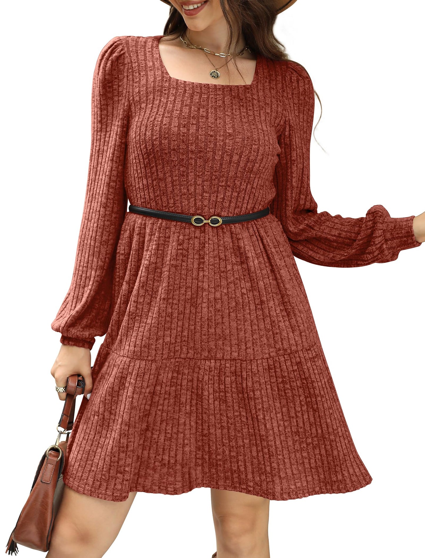 đ2025 Automne Nouveau style 49 % de rĂ©ductionâ° Robe cĂŽtelĂ©e Ă encolure carrĂ©e et manches lanternes pour femme