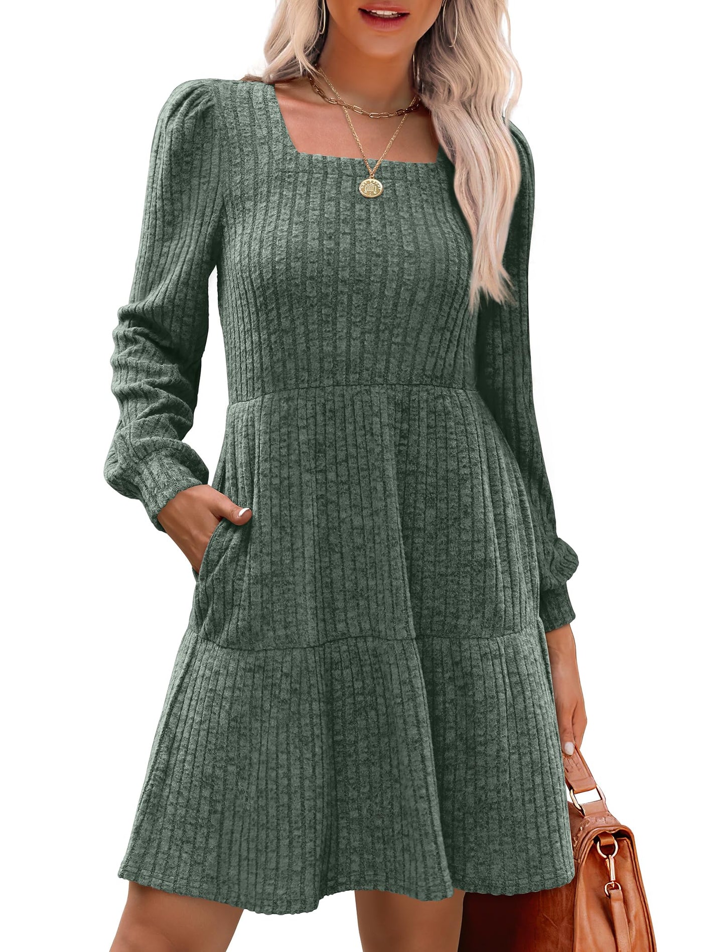 đ2025 Automne Nouveau style 49 % de rĂ©ductionâ° Robe cĂŽtelĂ©e Ă encolure carrĂ©e et manches lanternes pour femme