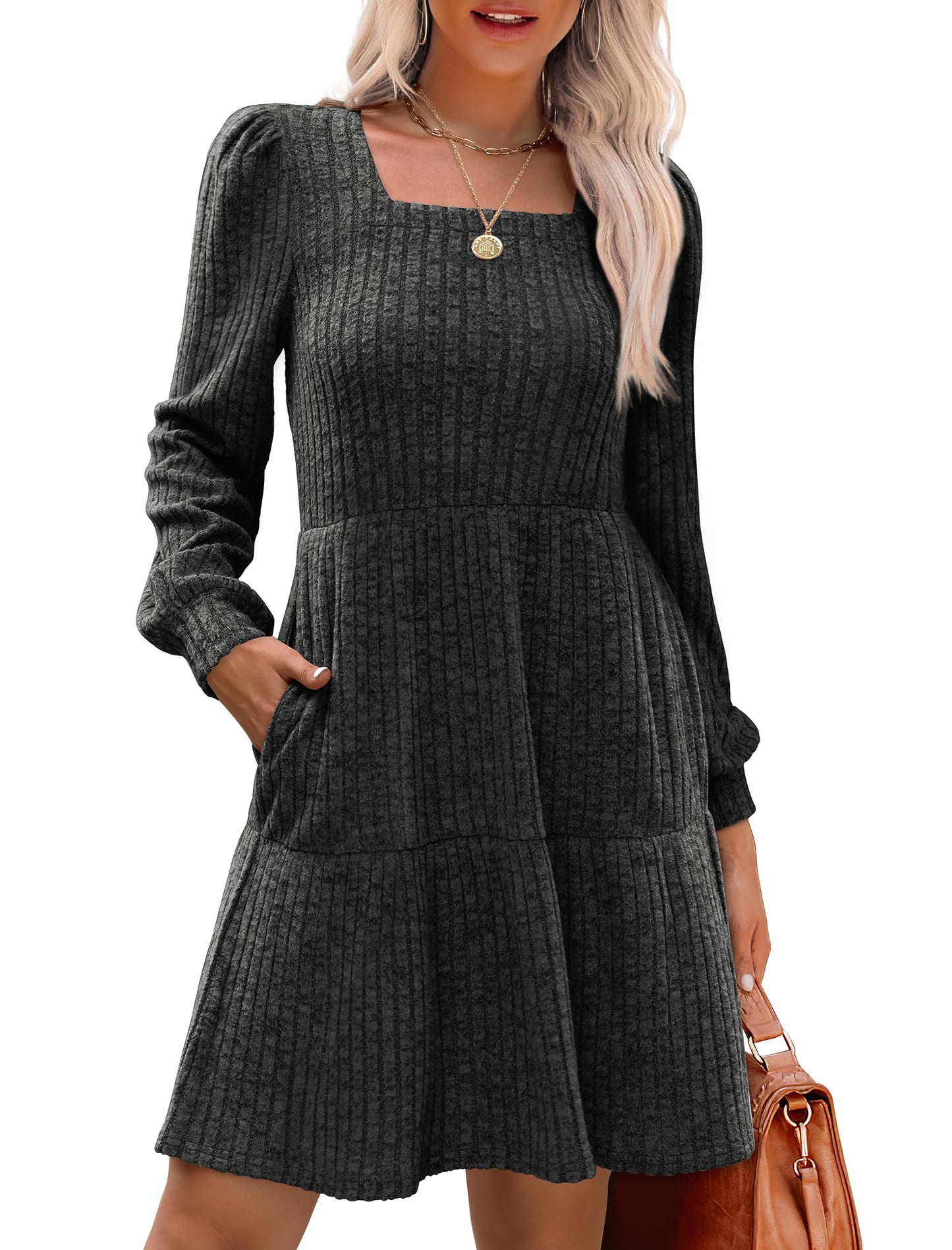 đ2025 Automne Nouveau style 49 % de rĂ©ductionâ° Robe cĂŽtelĂ©e Ă encolure carrĂ©e et manches lanternes pour femme