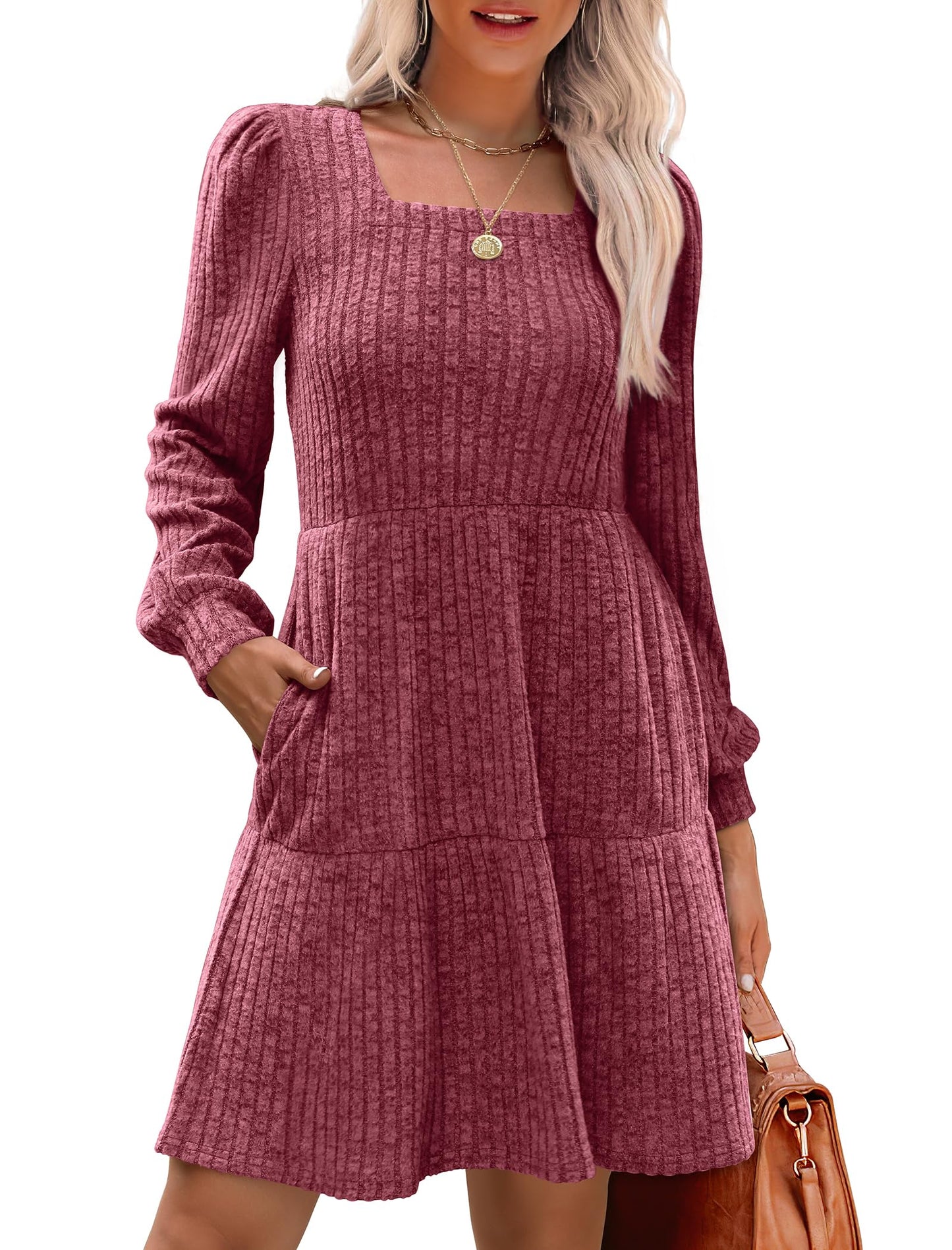 đ2025 Automne Nouveau style 49 % de rĂ©ductionâ° Robe cĂŽtelĂ©e Ă encolure carrĂ©e et manches lanternes pour femme