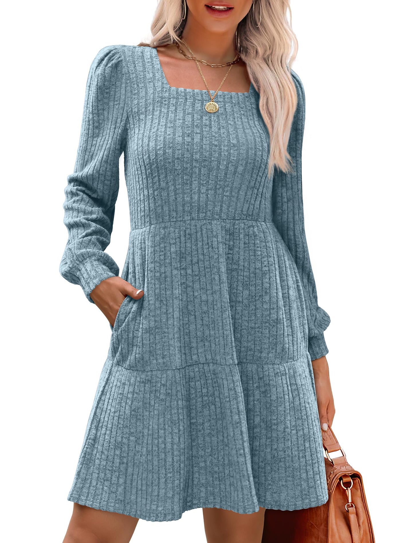 đ2025 Automne Nouveau style 49 % de rĂ©ductionâ° Robe cĂŽtelĂ©e Ă encolure carrĂ©e et manches lanternes pour femme