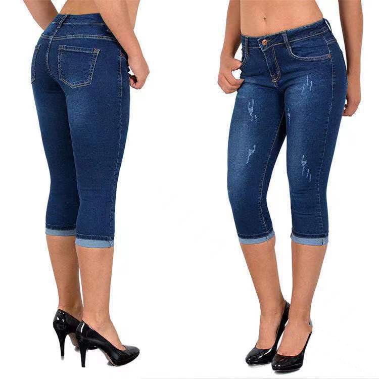 Jean capris déchiré avec ourlet retroussé
