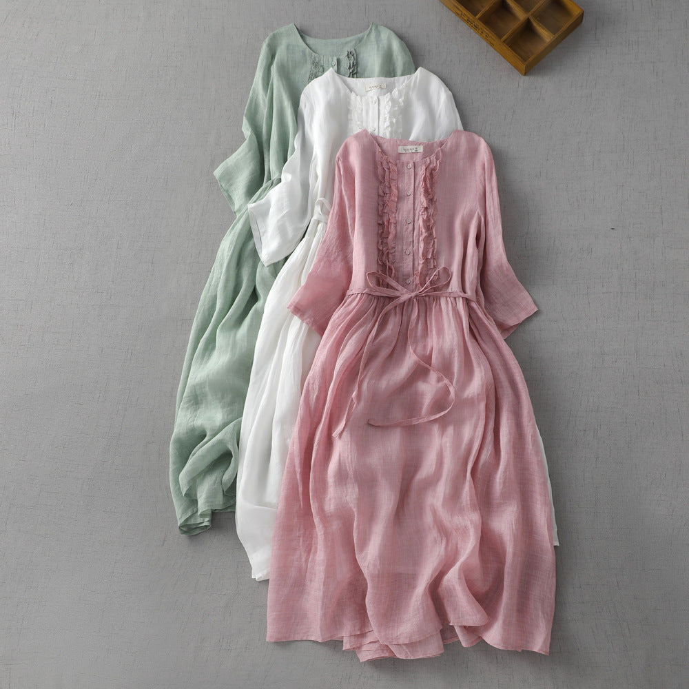 🎀Col rond Manches moyennes Couleur solide Robes droites pour femmes🌷