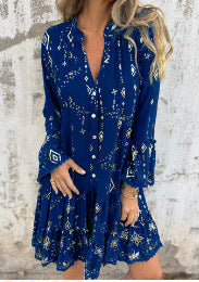 đFemme Motif GĂ©omĂ©trique Confortable robe midi avec col en V