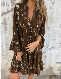 đFemme Motif GĂ©omĂ©trique Confortable robe midi avec col en V