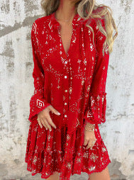 đFemme Motif GĂ©omĂ©trique Confortable robe midi avec col en V