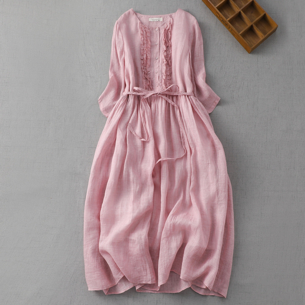🎀Col rond Manches moyennes Couleur solide Robes droites pour femmes🌷