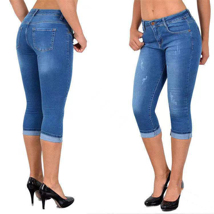 Jean capris déchiré avec ourlet retroussé