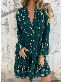 đFemme Motif GĂ©omĂ©trique Confortable robe midi avec col en V