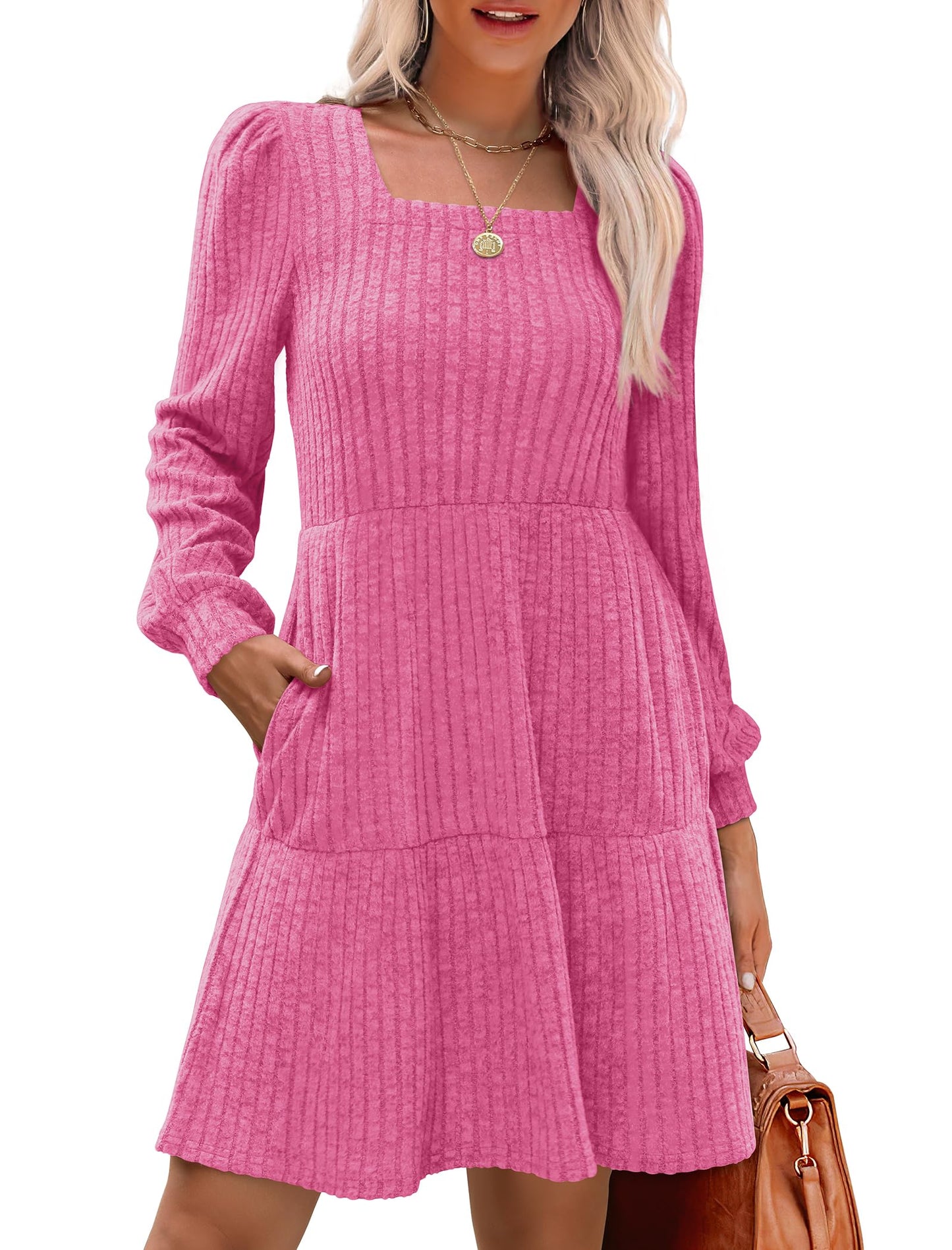 đ2025 Automne Nouveau style 49 % de rĂ©ductionâ° Robe cĂŽtelĂ©e Ă encolure carrĂ©e et manches lanternes pour femme