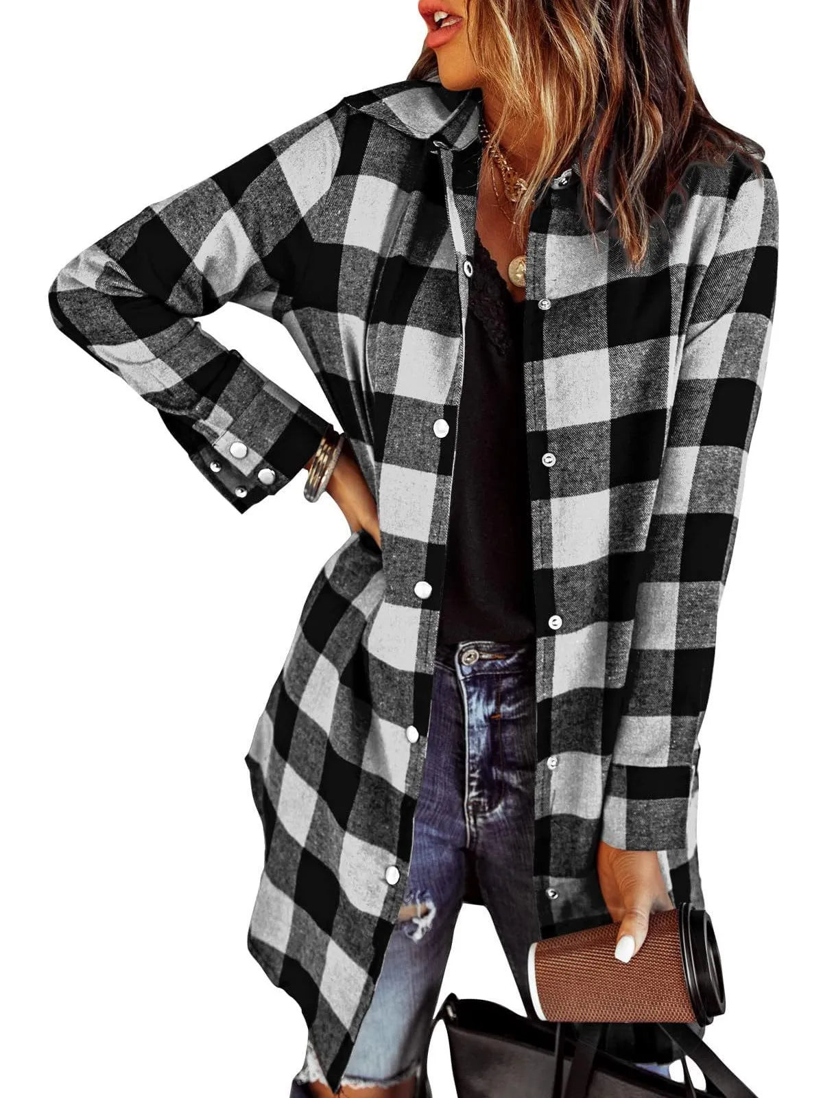 🌸NOUVELLE VENTE CHAUDE🔥Veste chemise longue à carreaux pour femmes