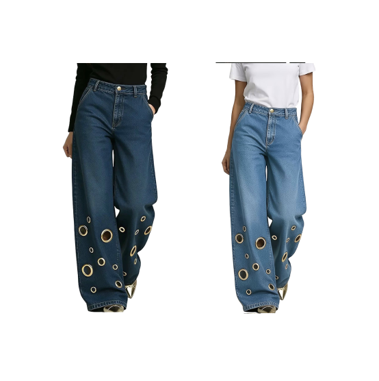 đ€Jean taille haute Ă jambes larges pour femme, ornĂ© d'Ćillets mĂ©talliques dorĂ©s, livraison gratuite