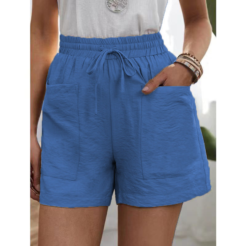 Nouveau pantalon décontracté en coton lin pour femmes, couleur unie, double poches, home shorts