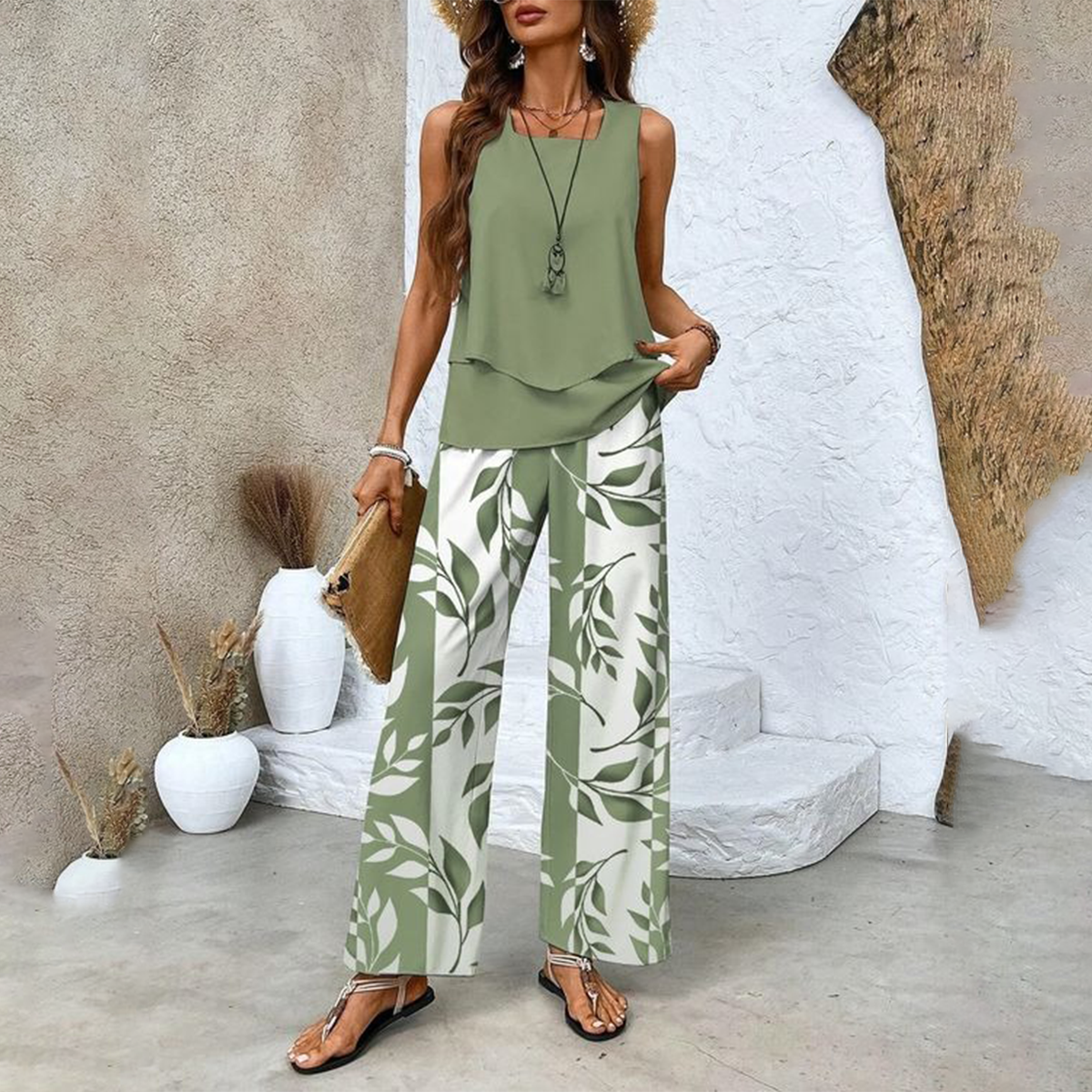 🔥Promotions de printemps🌺Tenue 2 pièces tendance pour femme, haut sans manches et pantalon(🔥54 % de réduction)