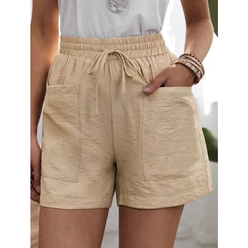 Nouveau pantalon décontracté en coton lin pour femmes, couleur unie, double poches, home shorts