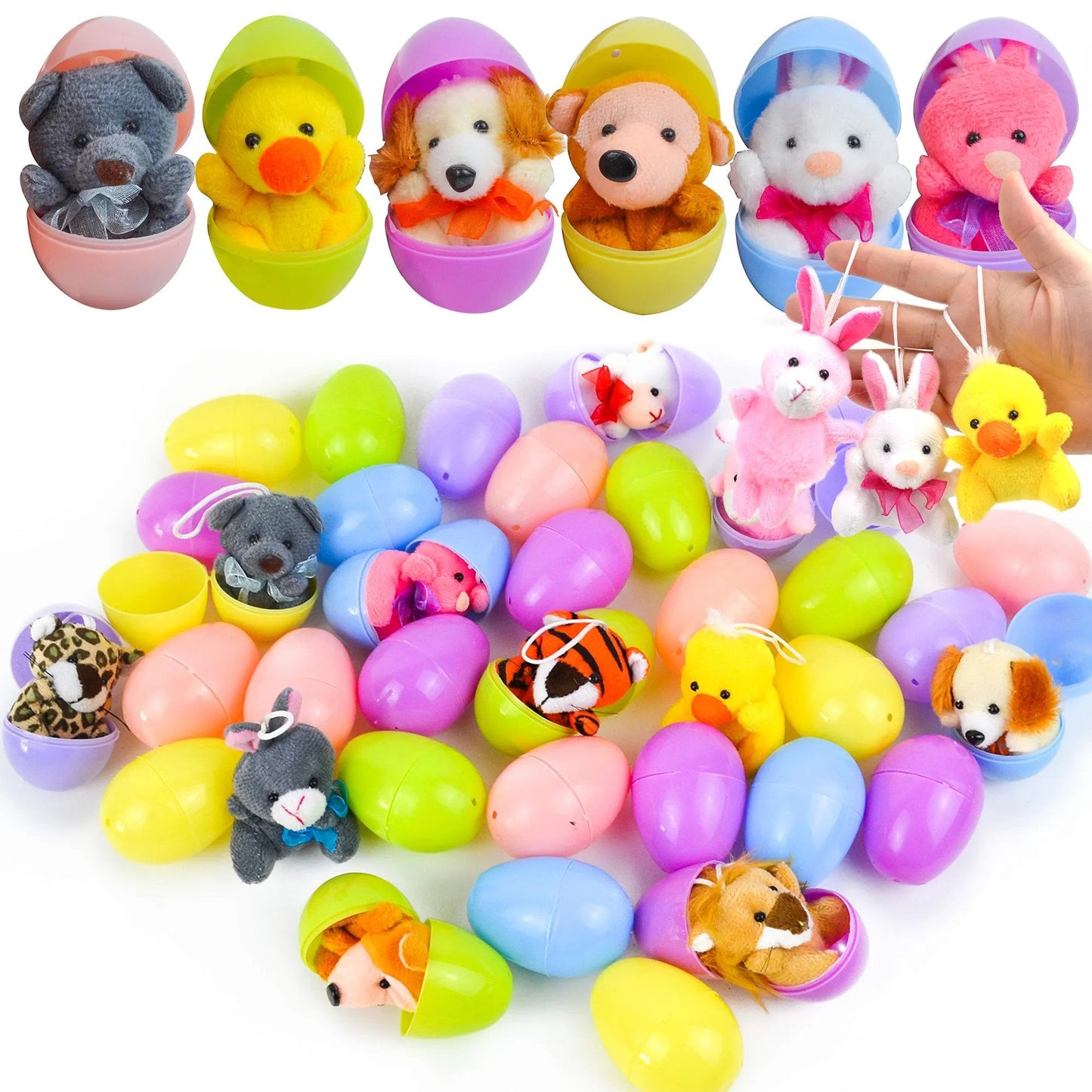 🔥PROMOTION 50%-12/24/36 Pcs Oeufs de Pâques pré-remplis avec des animaux en peluche