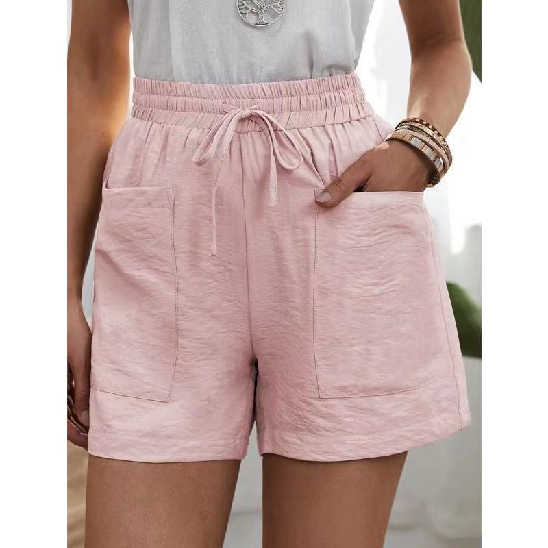 Nouveau pantalon décontracté en coton lin pour femmes, couleur unie, double poches, home shorts