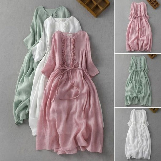 🎀Col rond Manches moyennes Couleur solide Robes droites pour femmes🌷