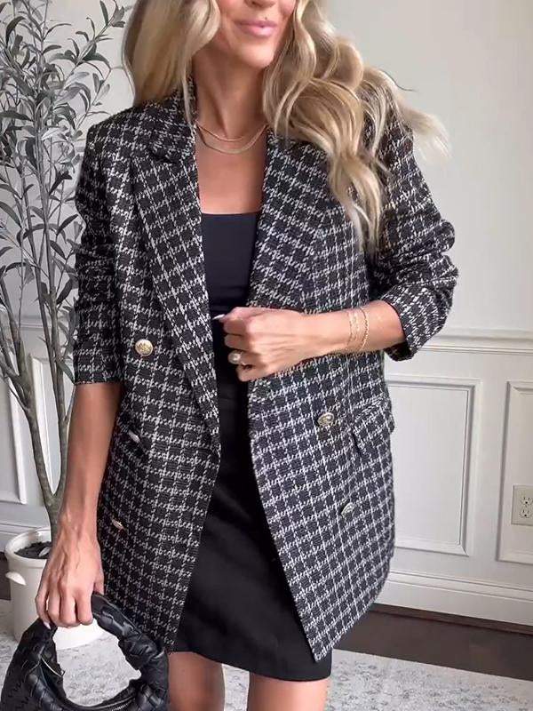 Veste de tailleur pour femme à revers simple en tissu écossais à carreaux