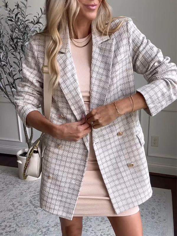 Veste de tailleur pour femme à revers simple en tissu écossais à carreaux