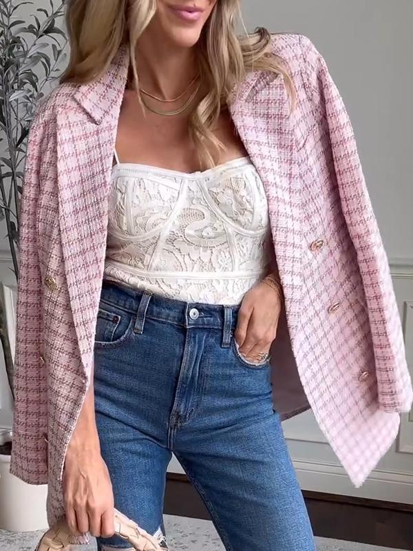 Veste de tailleur pour femme à revers simple en tissu écossais à carreaux
