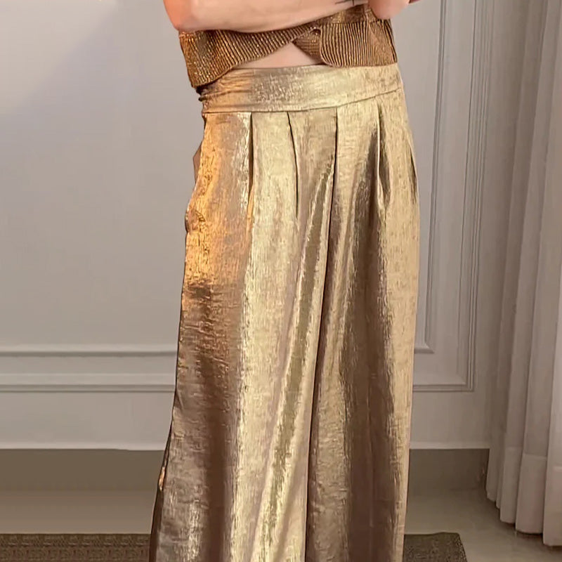 🔥Offre Fête des mères - 49% de réduction🤱Ensemble deux pièces gilet brillant et pantalon large pour femmes