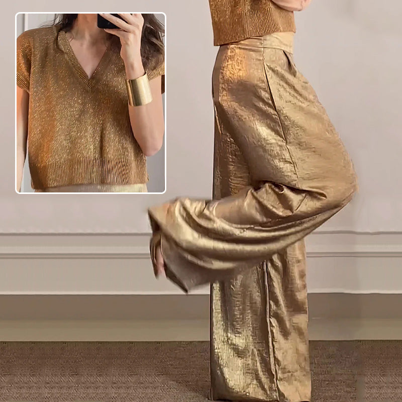 🔥Offre Fête des mères - 49% de réduction🤱Ensemble deux pièces gilet brillant et pantalon large pour femmes