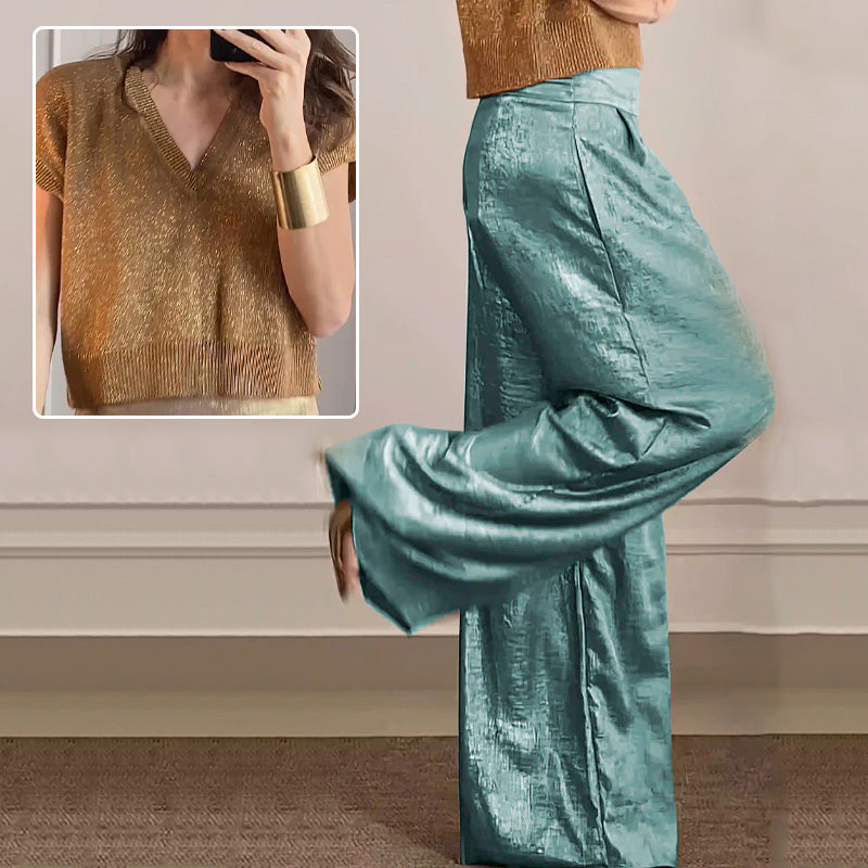 🔥Offre Fête des mères - 49% de réduction🤱Ensemble deux pièces gilet brillant et pantalon large pour femmes