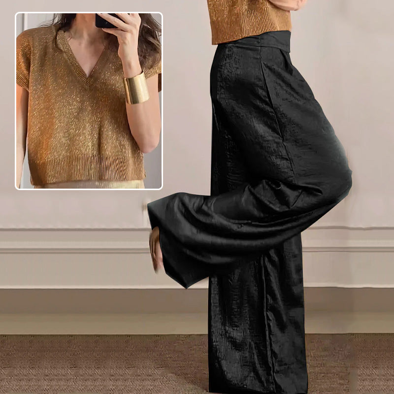 🔥Offre Fête des mères - 49% de réduction🤱Ensemble deux pièces gilet brillant et pantalon large pour femmes
