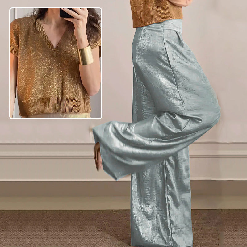 🔥Offre Fête des mères - 49% de réduction🤱Ensemble deux pièces gilet brillant et pantalon large pour femmes