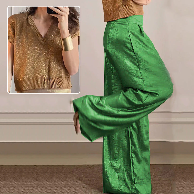 🔥Offre Fête des mères - 49% de réduction🤱Ensemble deux pièces gilet brillant et pantalon large pour femmes