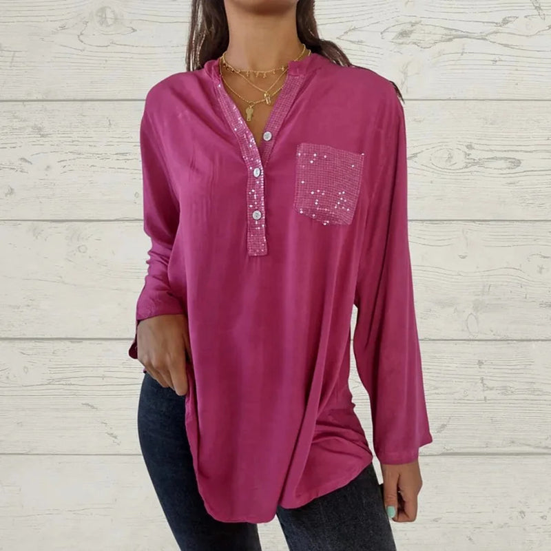 đ©âđ§FĂȘte des mĂšres - 50% de rĂ©ductionđ„Chemise Ă col en V avec patchwork de paillettes pour femmes